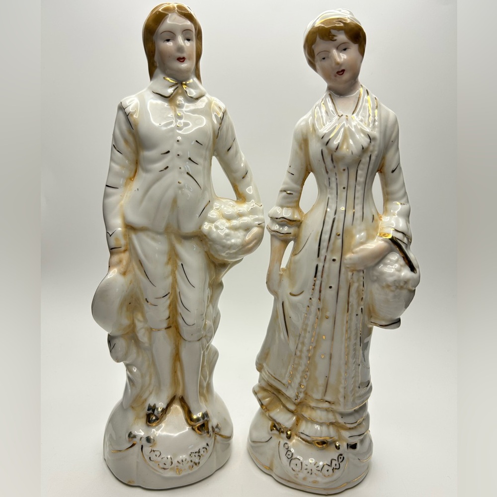 Vtg 10” Porcelain Victorian Man and Woman figurines. White with gold gilding.